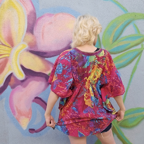 BIBA Vintage Rainbow Watercolor Style Abstract Paint Splatter Batwing Top - Picture 11 of 16